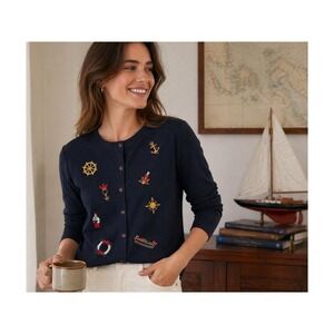 Needle & Threads Vintage Navy Nautical Embroidered Button Front Cardigan XL